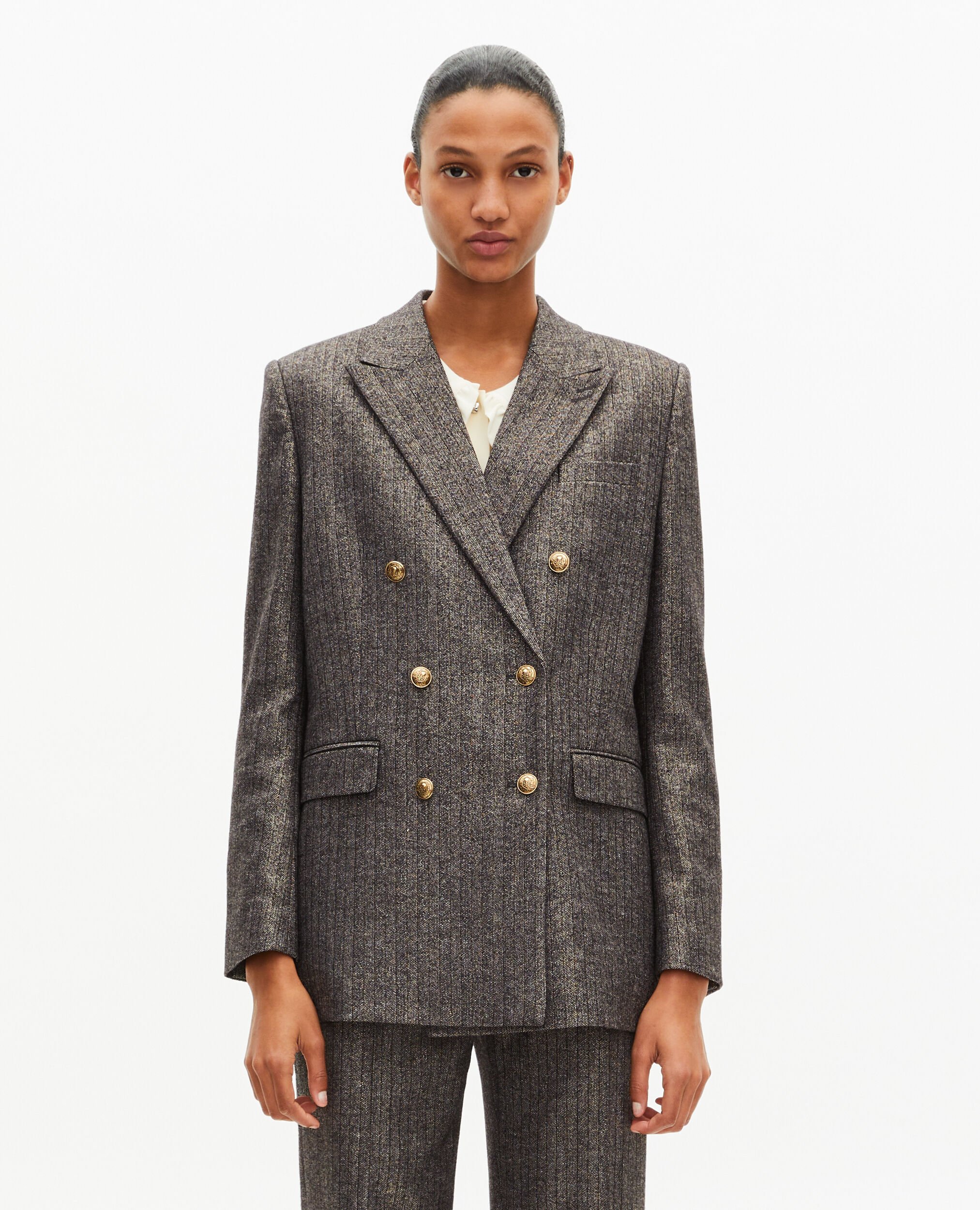 Veste tailleur à chevrons lurex dorée et noire