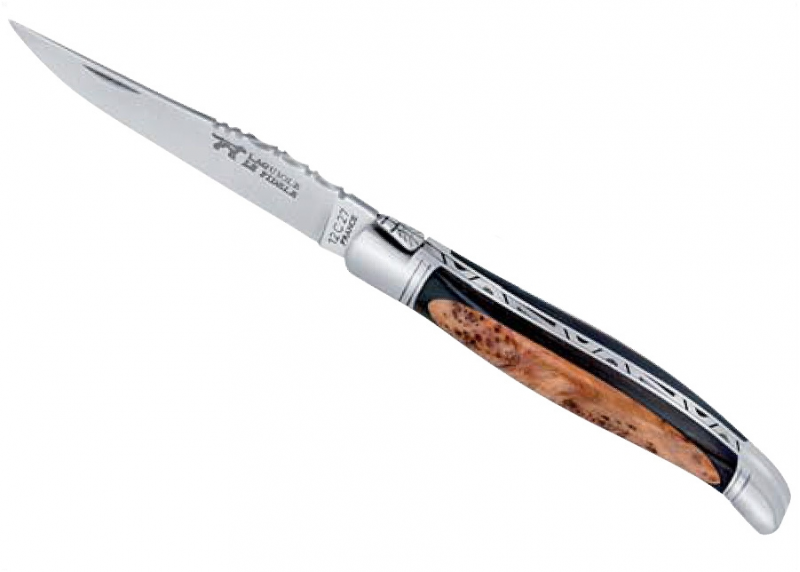 Couteau Laguiole bombé avec un manche en Ebène et Genévrier et mitres inox