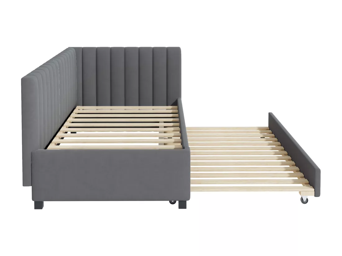 Lit gigogne 90 x 190/200 cm - canapé lit en velours - sommier à lattes - gris