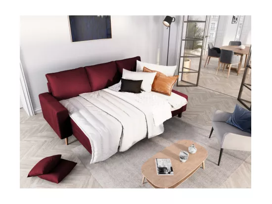 Canapé d'angle Maria scandinave réversible et convertible avec coffre en velours - Bordeaux - L227 x 148 x 95cm - Loungitude