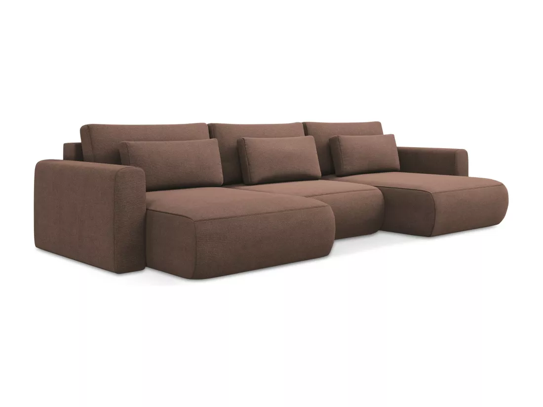 Canapé d'angle panoramique convertible en tissu texturé - rose poudré - KAPUA