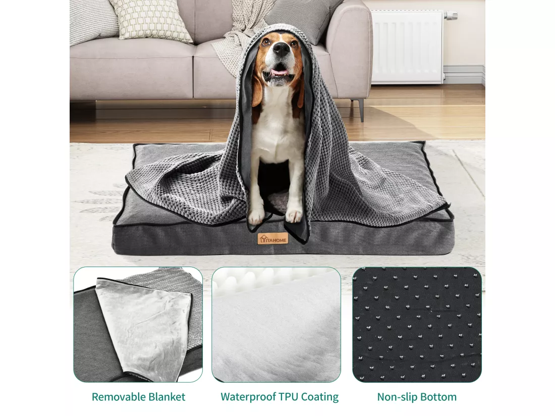 YITAHOME Panier Couchage Lit pour Chien - Dehoussable - avec Couvertures Amovibles - Gris -Matelas Lavable - 76x51cm