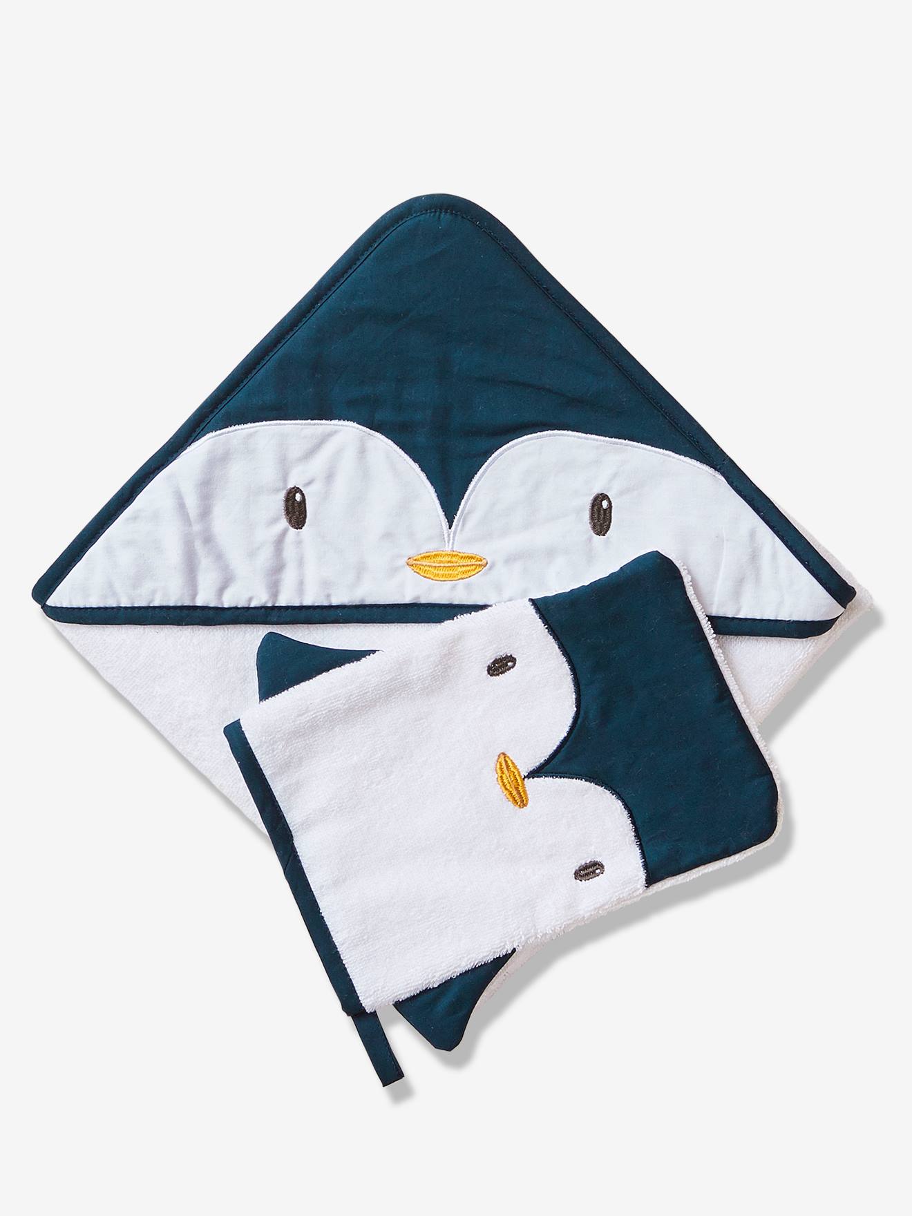 Conjunto de capa de banho e luvas Penguin, branco claro, liso com estampas.