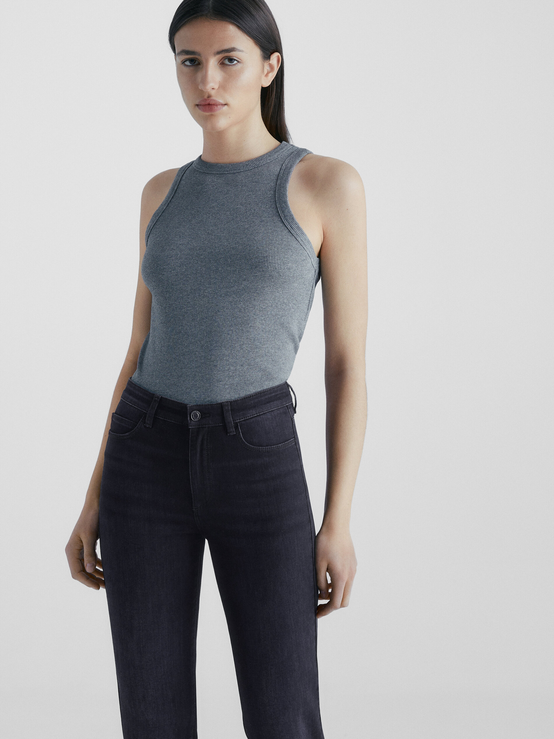 Calça vaquero tiro alto skinny flare - Azul oscuro