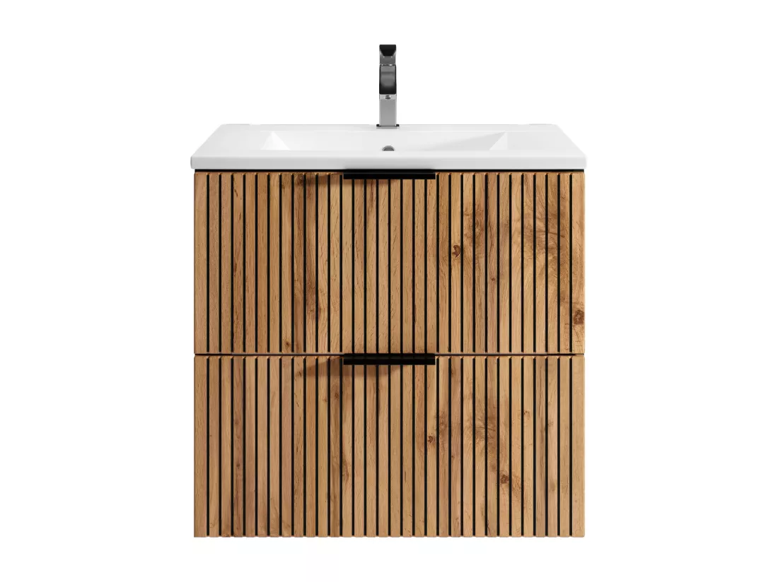 Meuble de salle de bain suspendu strié avec vasque à encastrer - Naturel clair et noir - 60 cm - MADELA