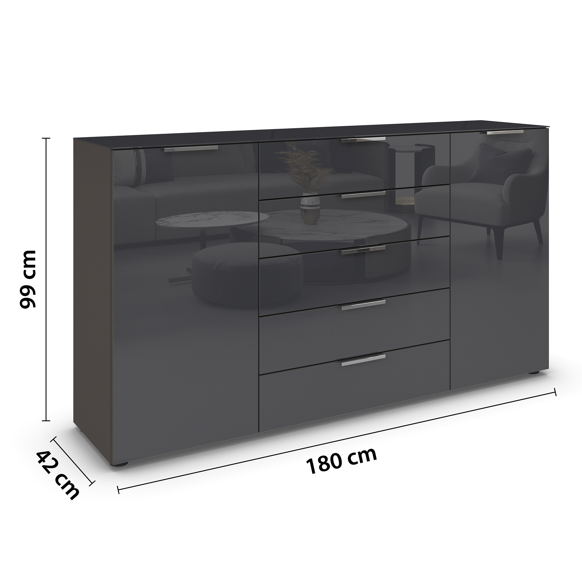 Kommode - graphit-Basaltglas - Chromgriffe - 180 cm