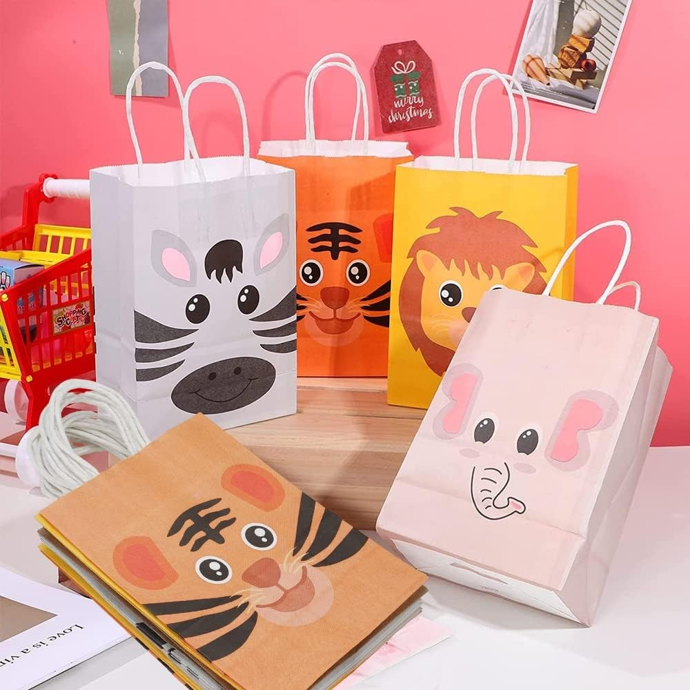 (6er Set) 21x15cm Bunte Kinder Papiertüten Candy Gift Bags Geburtstags Mitbringsel Geschenktasche - Dschungel Tiere