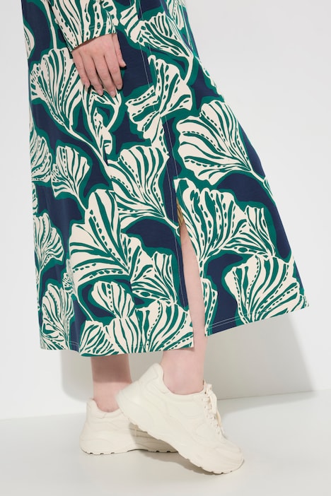 Maxi-Sweatkleid, Blätter, Wasserfall-Ausschnitt, Langarm