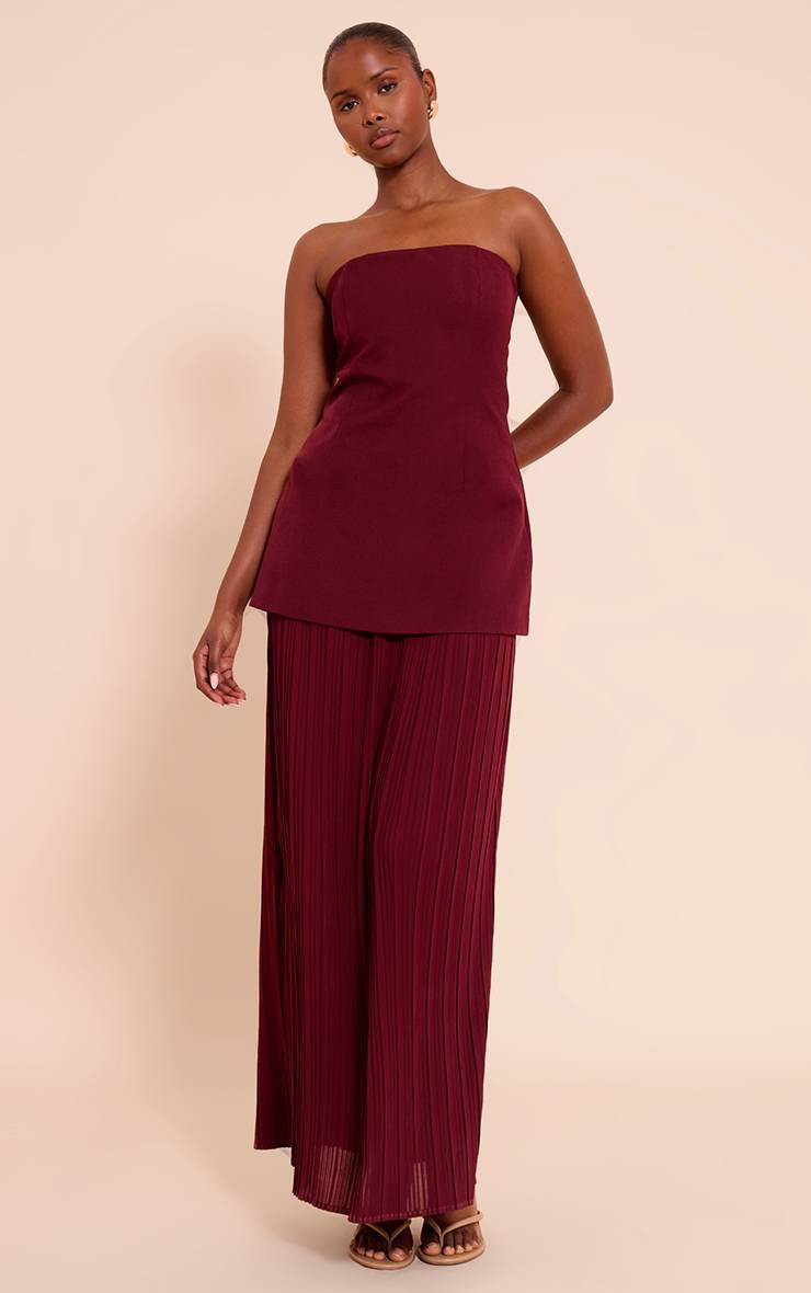Rouge Bordeaux Robe Maxi Bandeau À Jupe Plissée En Mousseline Avec Panneaux
