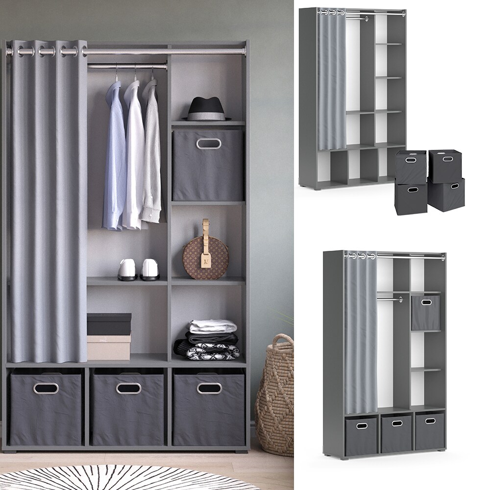 Vicco Kleiderschrank Schlafzimmerschrank Garderobe Luigi Grau Faltbox 106 x 178 cm modern Schrankregal Organizer Vorhang Kleiderstange Fächer Aufbewahrung Ablage