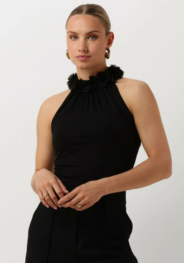 JANSEN AMSTERDAM zwarte jansen amsterdam top tc356 singlet with flowers at neckline