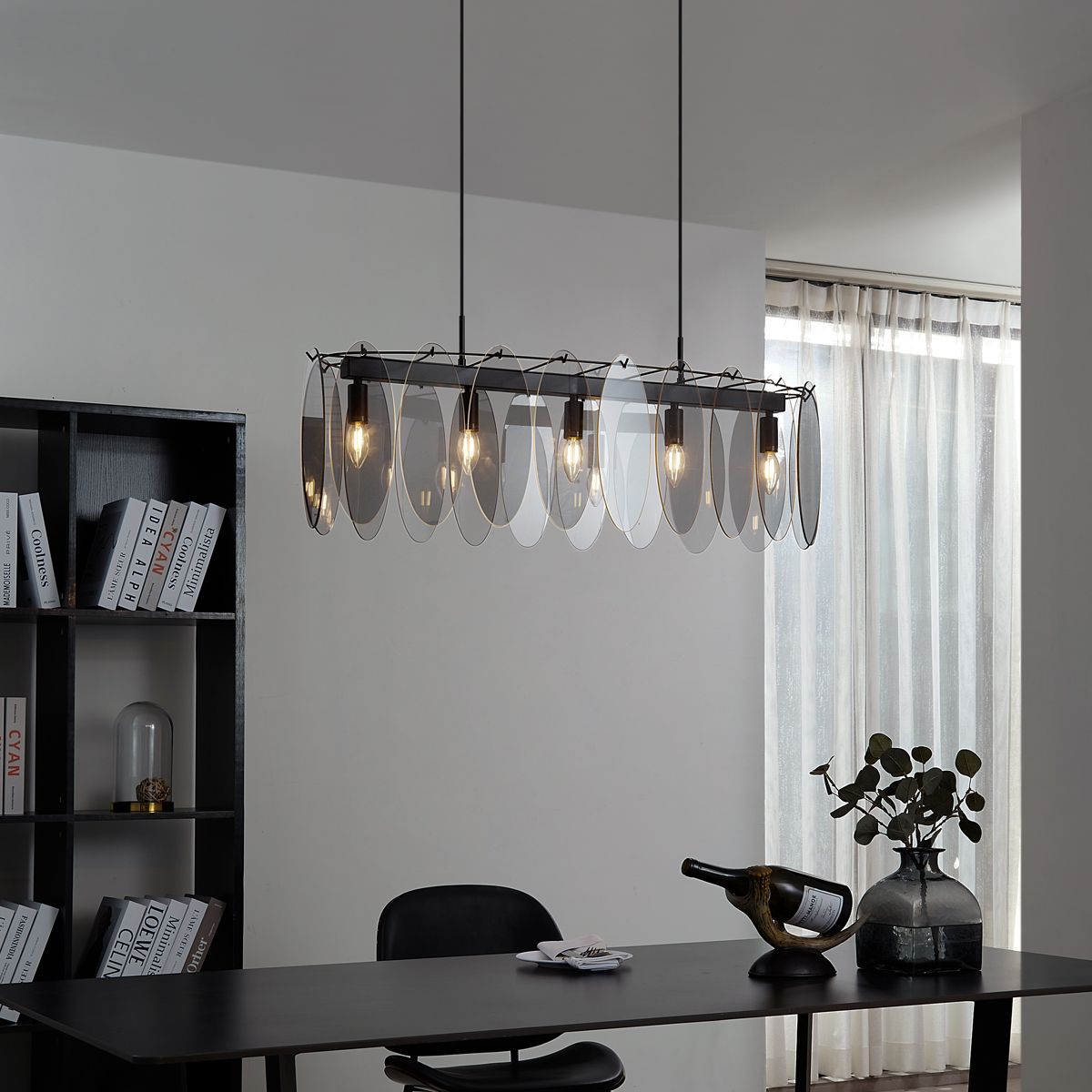 Design hanglamp zwart met smoke glas ovaal 5-lichts - Mochan
