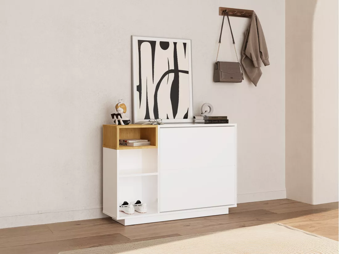 Meuble à chaussures avec 2 compartiments abattants et 3 niches - Blanc et naturel - VYLARA