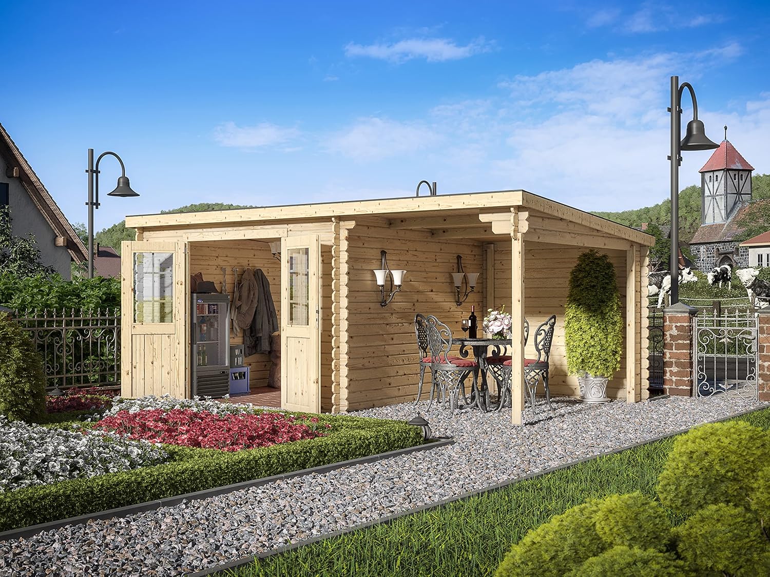Holz Gartenhaus Blockbohlenhaus CA2976 | Wandstärke 28 mm | Naturbelassen | Mit 2 m Anbau | B x T x H: 496 x 309 x 204 cm | Doppeltür Mit Echtglas