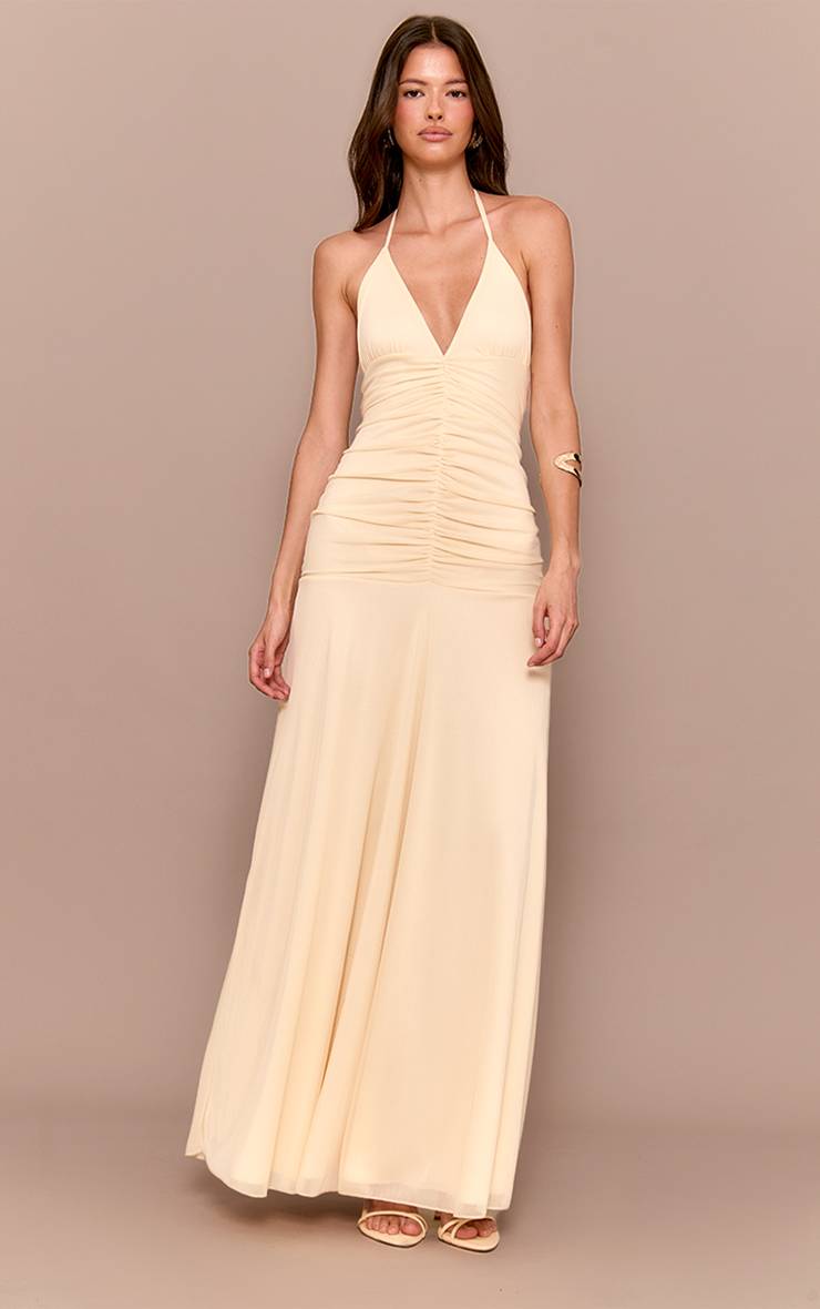 Crème Robe Longue À Bretelles Avec Détail Froncé