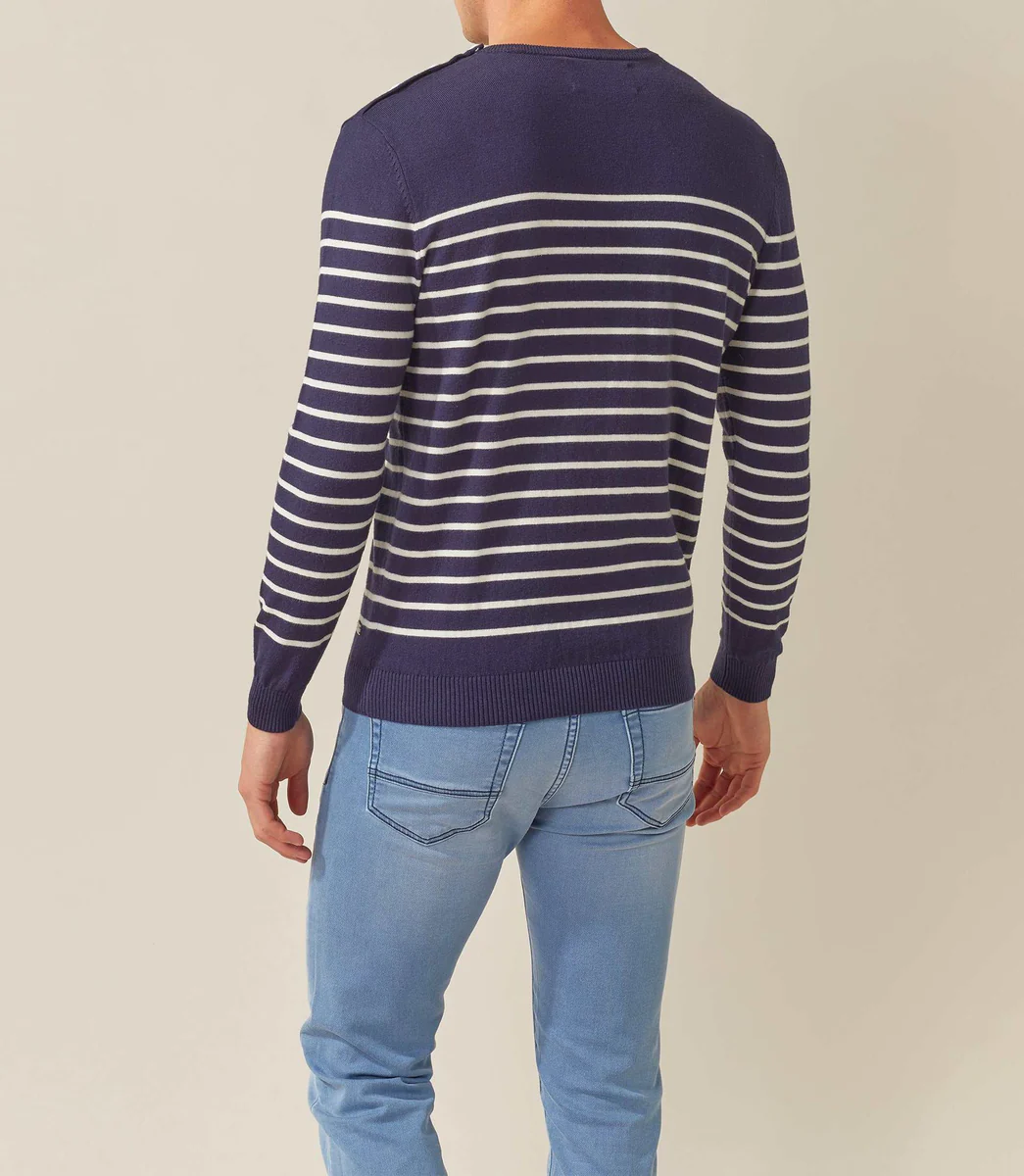 Pull col rond marine-ecru 