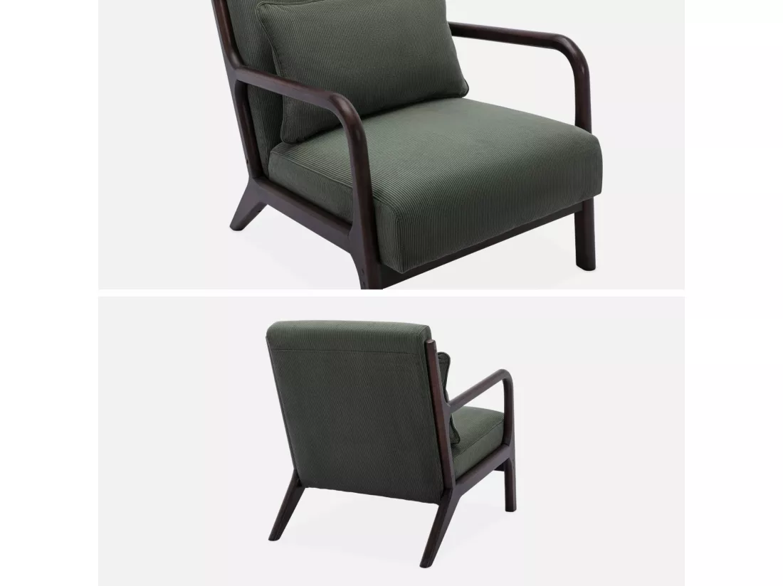 Fauteuil velours côtelé vert . pieds bois d'hévéa teinté wengé. 1 place droit fixe. pieds compas scandinave. structure en bois solide