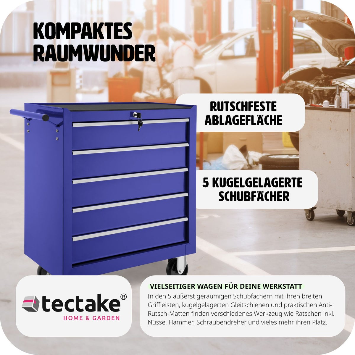 tectake gereedschapswagen met 5 kogelgelagerde laden met antislipmatten en wielen met een diameter van 100 mm.