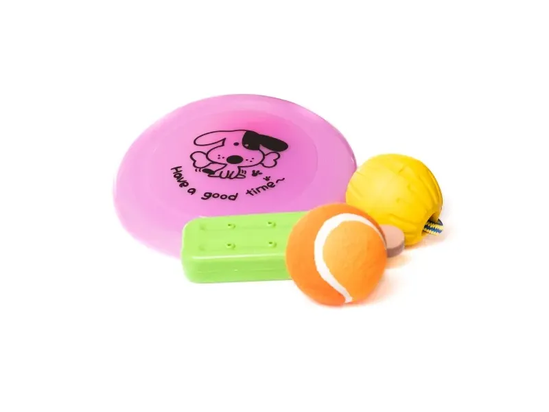 Hundelegetøj mix, 4 stk (frisbee, bold i snor, tennisbold, ispind)