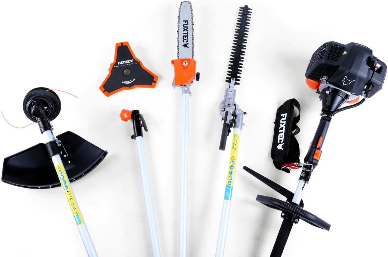 FUXTEC Benzin Motorsense FX-MT152E 5in1 Multitool, 52 cc, Profi-Tragegurt und inkl. 1m Verlängerung 3 PS Kombigerät Heckenschere Hochentaster Kombisystem Freischneider fs 2-Takt Test Oberklasse 1,4