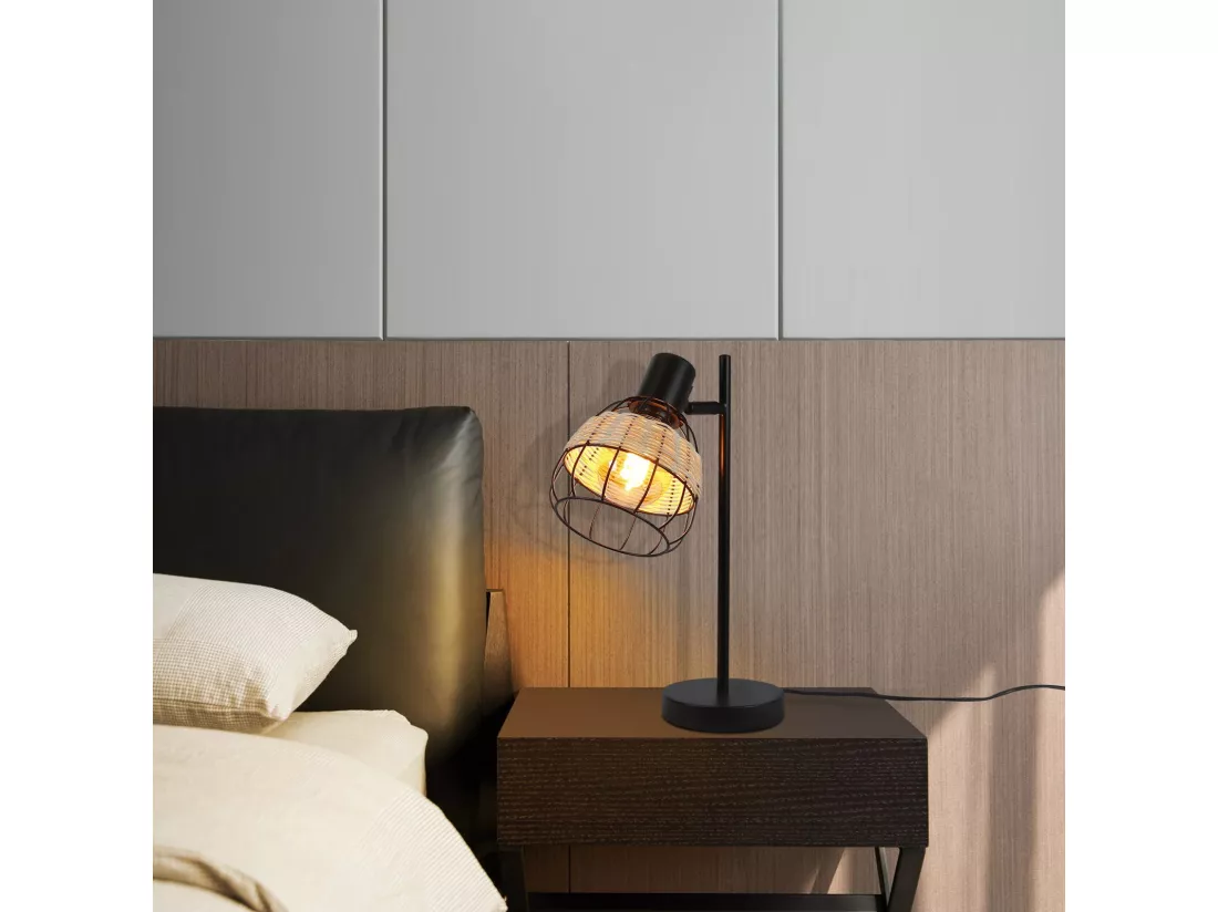 NETTLIFE Lampe de table Vintage Salon Noir - E27Bambou Pivotant Abat-jour avec interrupteur Max.40W - Sans ampoule