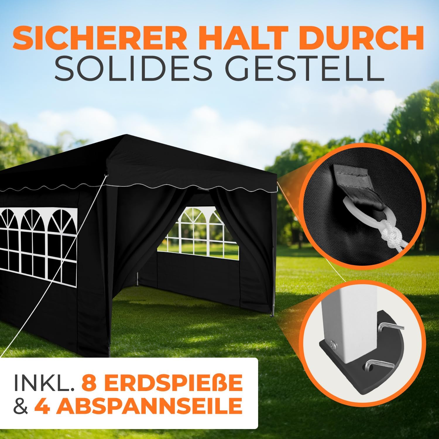 Kronenburg Faltpavillon wasserdicht Dachmaß 3 x 3 m UV Schutz 50+ Pavillon in Schwarz mit 4 Seitenteilen