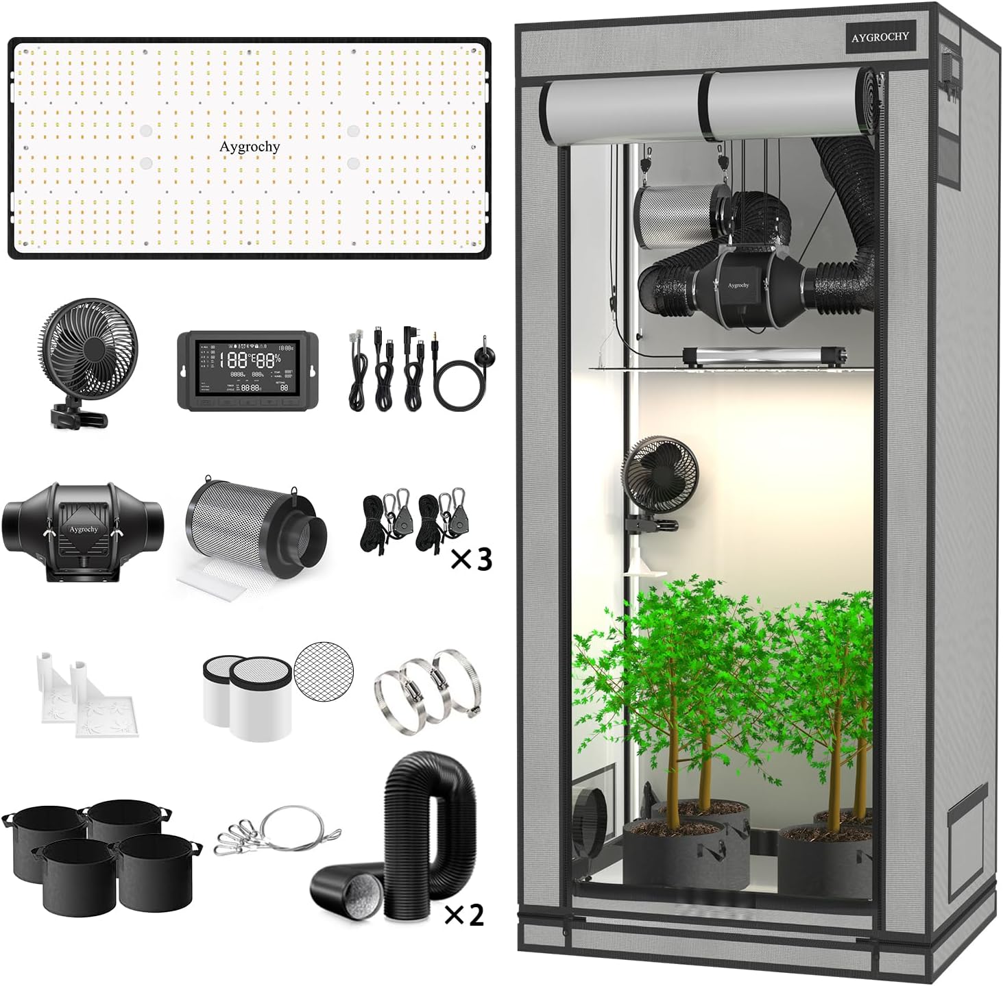 Aygrochy Growzelt Komplettset mit Central Integrated Controller. Automatischer Belüftung Zirkulationsplan, Vollspektrum-LED-Wachstumslampe, 60 X120X180cm PEVA Hohe Reflektivität Grow Box Komplettset.