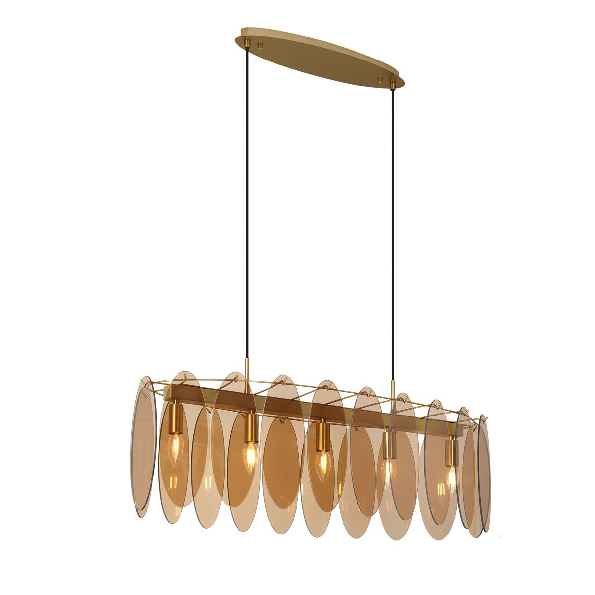 Art Deco hanglamp goud met amber glas ovaal 5-lichts - Mochan