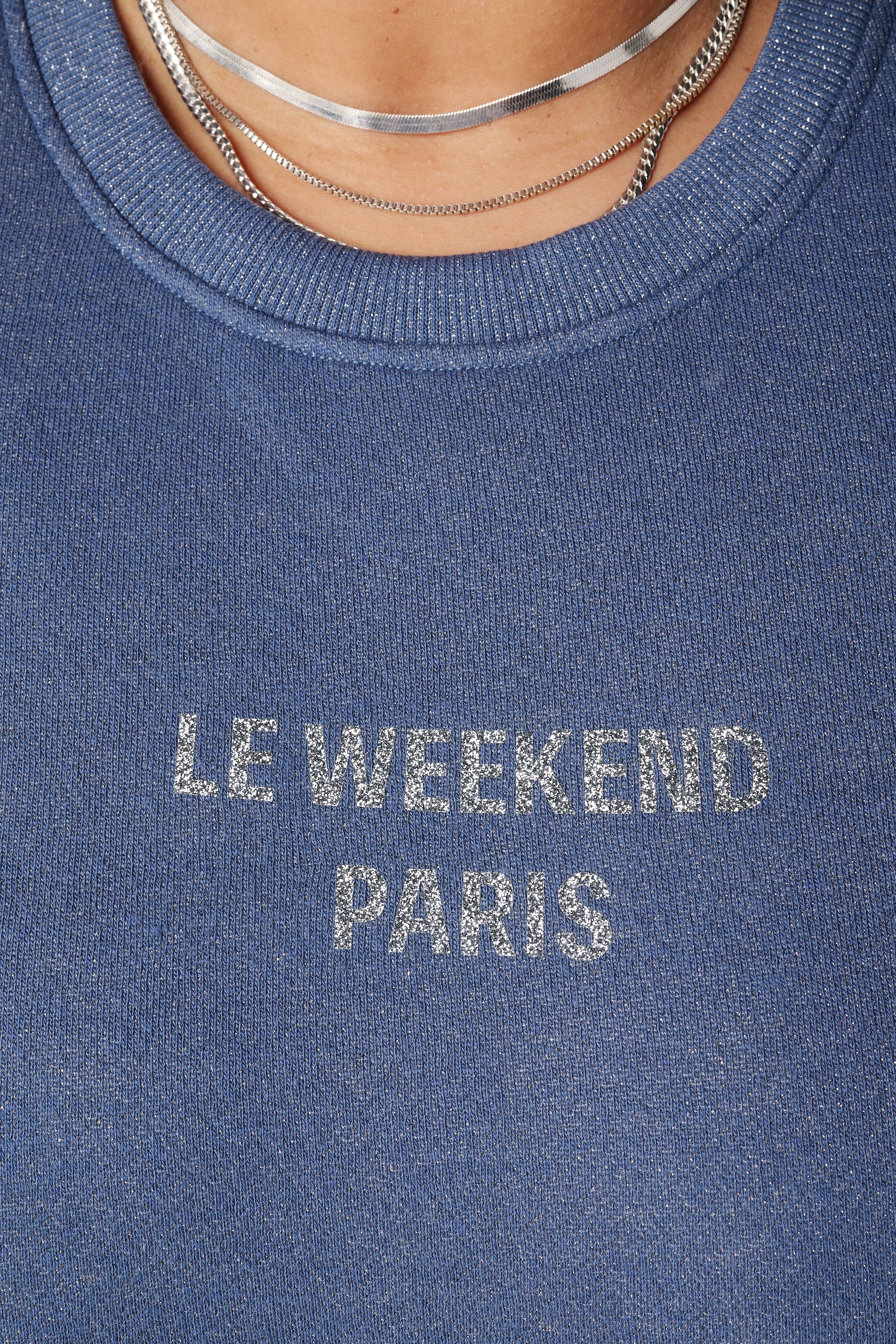 Sweater met lurex en glitter tekst Midden blauw