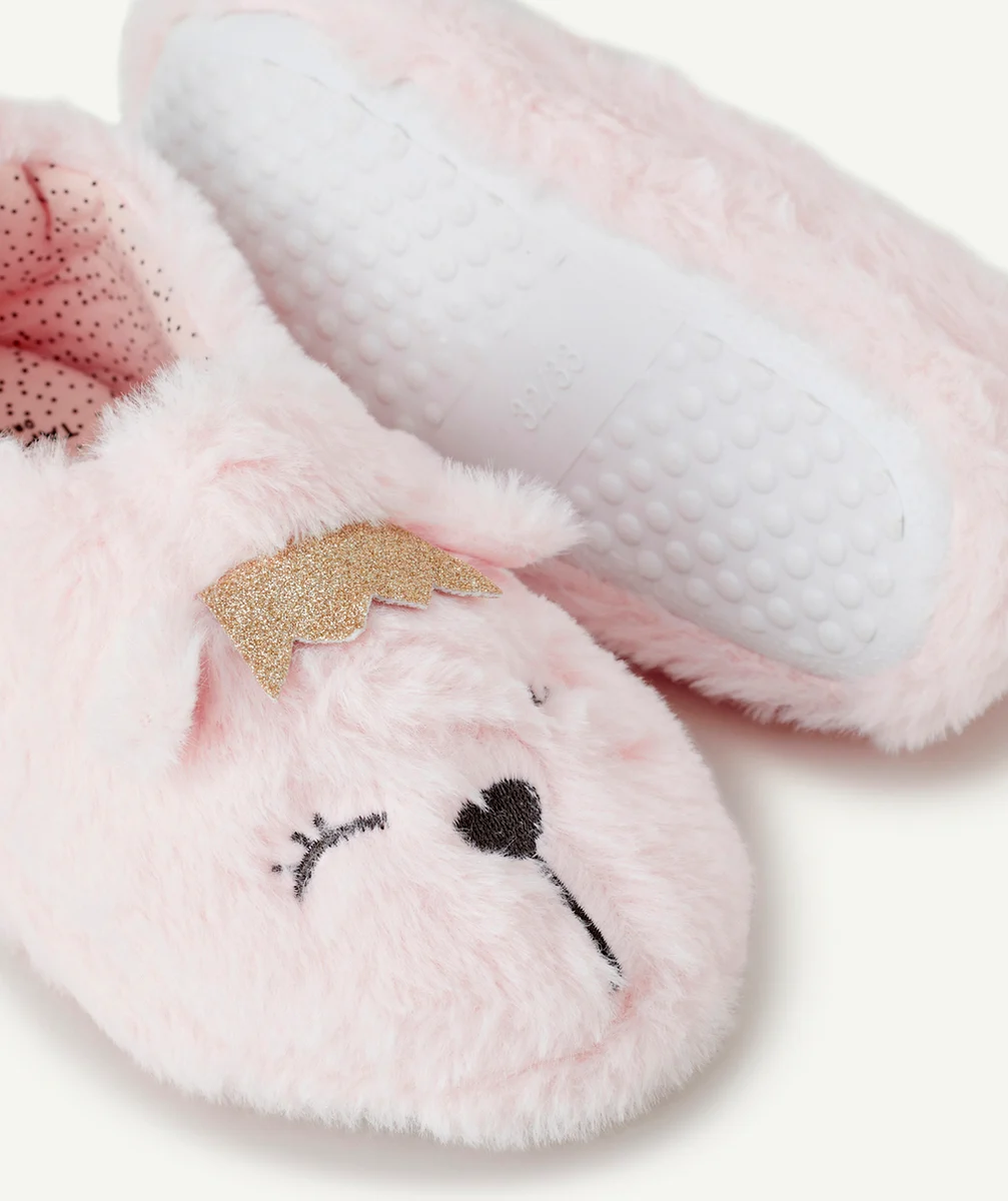 PAIRE DE CHAUSSONS FILLE MATIÈRE DOUCE ROSE THÈME CHIEN ET DÉTAILS PAILLETÉS