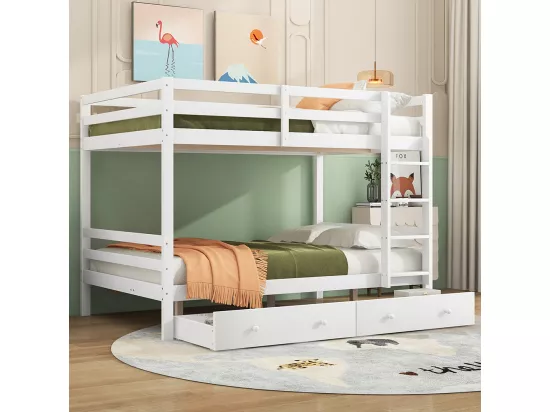 Lit superposés Lit jeune 140x200 cm Lits d'enfant avec tiroirs espace de rangement rampe haute, Blanc