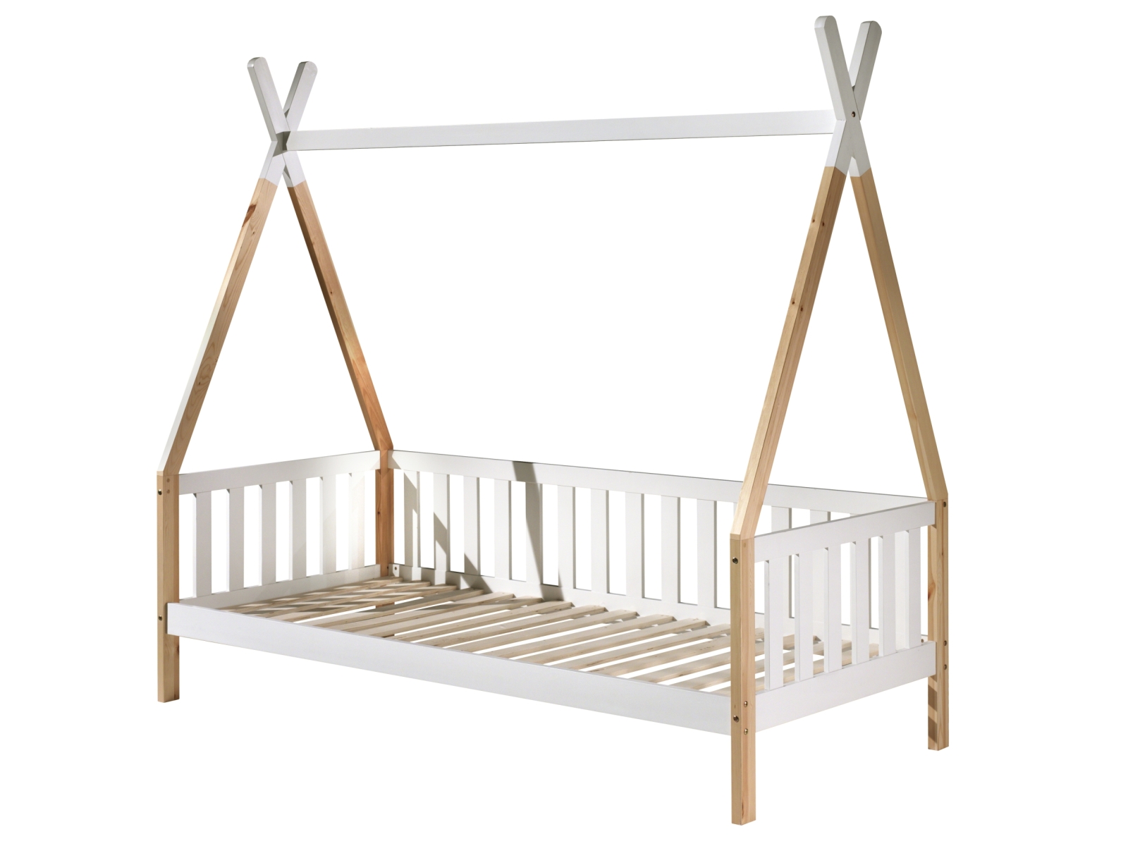 Tipi-Zelt-Bett - weiß-natur - Rolllattenrost - Umrandung - 90x200 cm