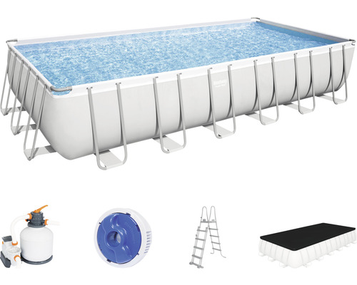 Opbouwzwembadset Bestway Power Steel™ rechthoekig 732x366x132 cm incl. zandfiltersysteem, ladder & afdekking grijs