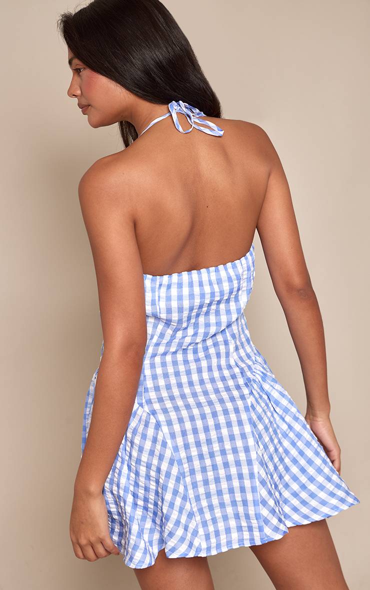 Bleu Robe Droite Vichy Col Licou À Boutonnage