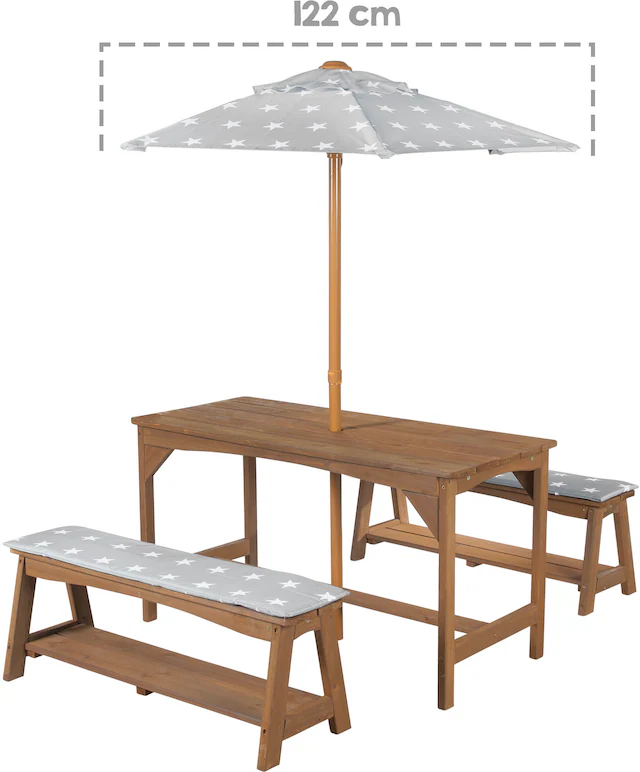 roba® Garten-Kindersitzgruppe »Outdoor+« Set, 3 Stk. tlg. Tisch und 2 Bänke mit Sitzauflage, Schirmset