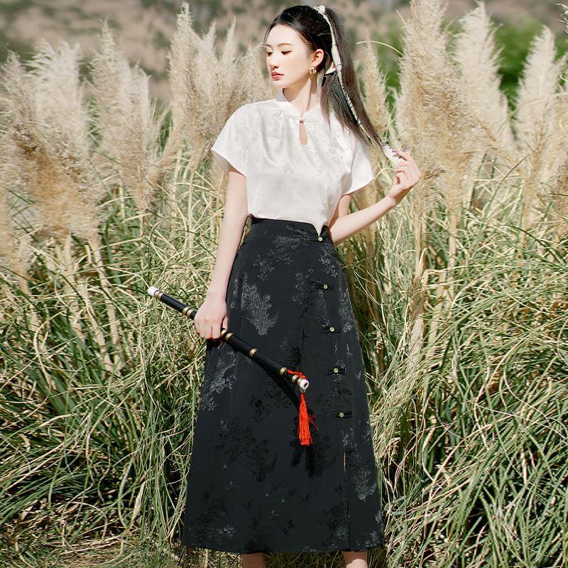 Tangier - Hanfu-top met korte mouwen / Maxi-A-lijn rok met hoge taille en effen bloemenprint / Set