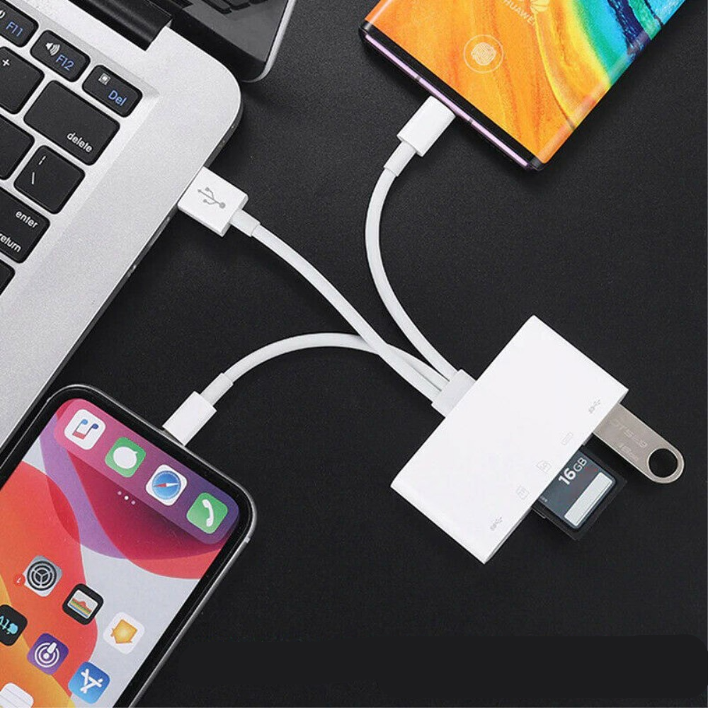(10cm) Lightning / USB A / USB C auf SD / Micro SD Kartenlesegerät / Dual USB A / Lightning Lade Adapter für Apple iPhone / iPad / MacBook - Weiss