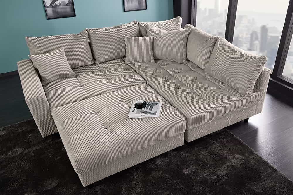 Modernes Ecksofa KENT 220cm greige Cord inkl. Hocker Federkern L-Form Wohnlandschaft