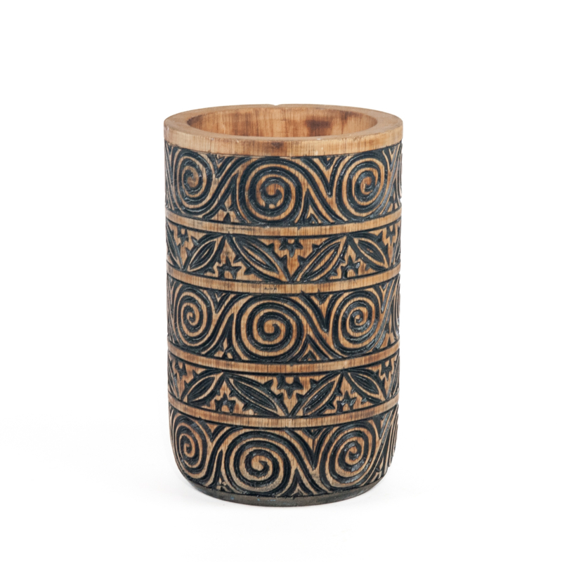 Houten handgesneden vaas Tribal natural/zwart Medium