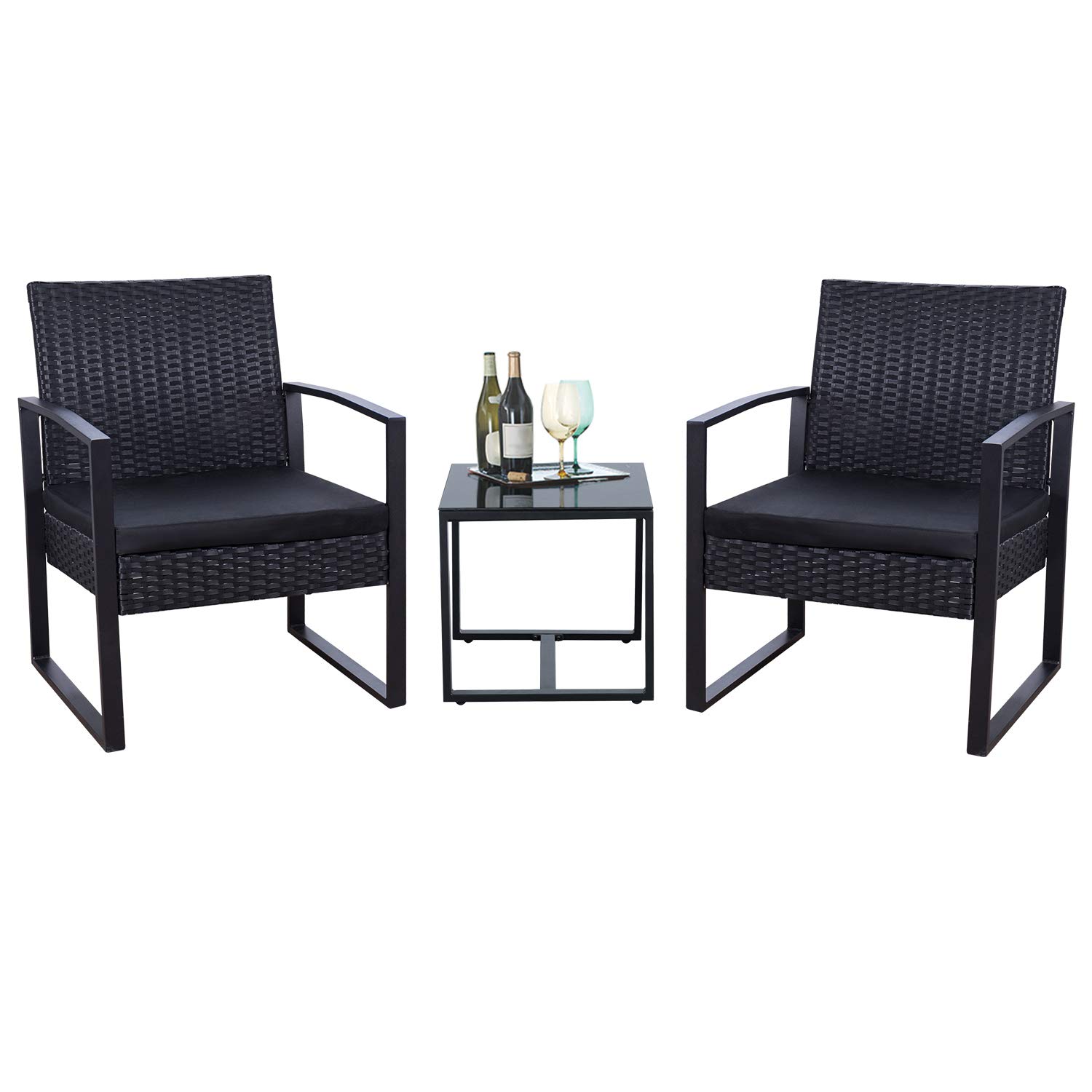 DEGAMO Garnitur MALTA 3-teilig, Metall schwarz und Polyrattan schwarz, mit Polstern
