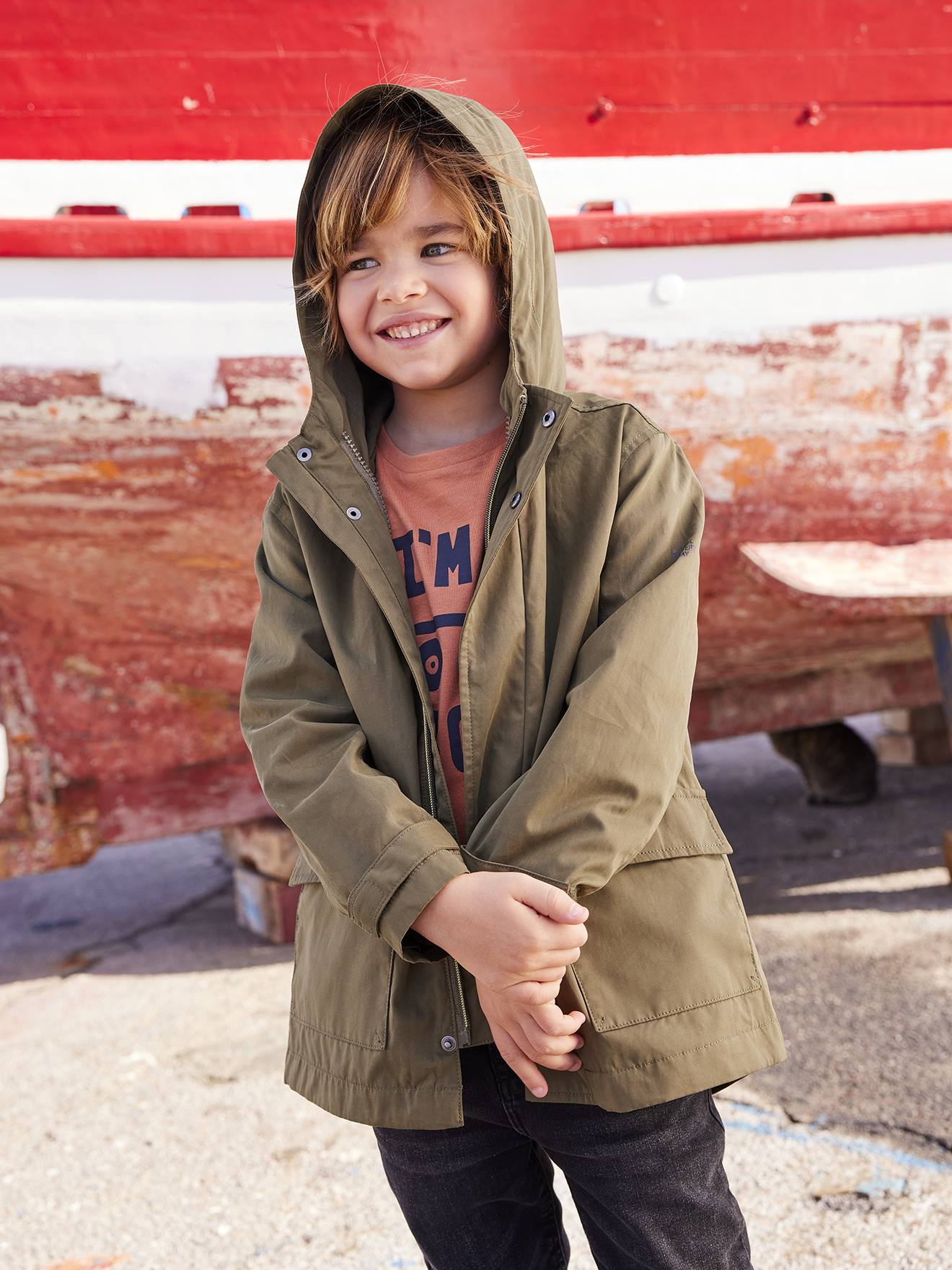 Parka 3 em 1 para meninos, verde-escuro liso com estampas.