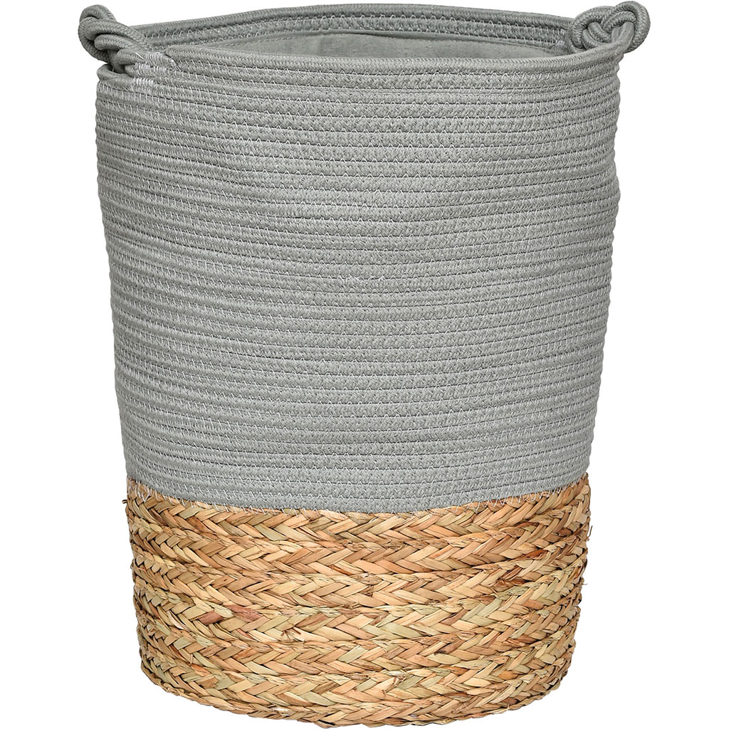 Panier à linge avec anses roseau tressé et coton gris 33.5x45x33.5cm