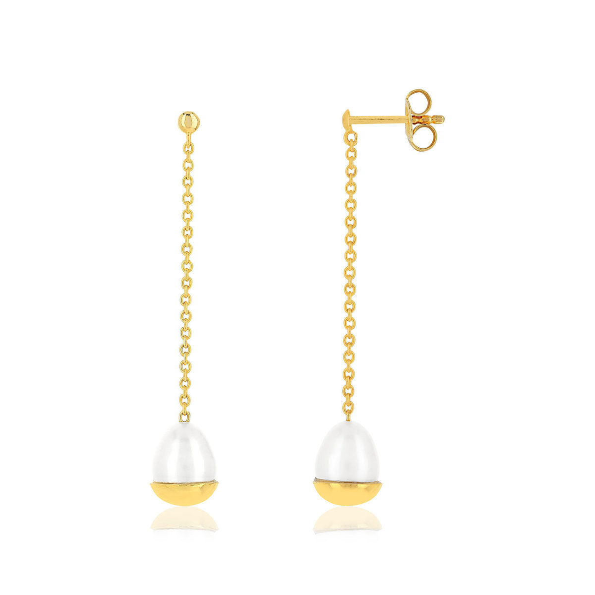 Boucles d'oreilles or 375 jaune pendants perles de culture de Chine