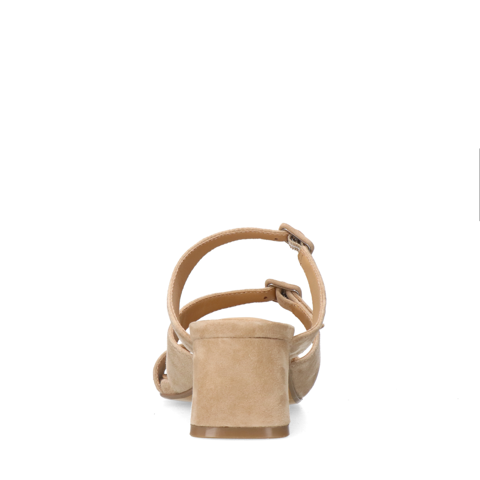Beige suède sandalen met hak en gespjes