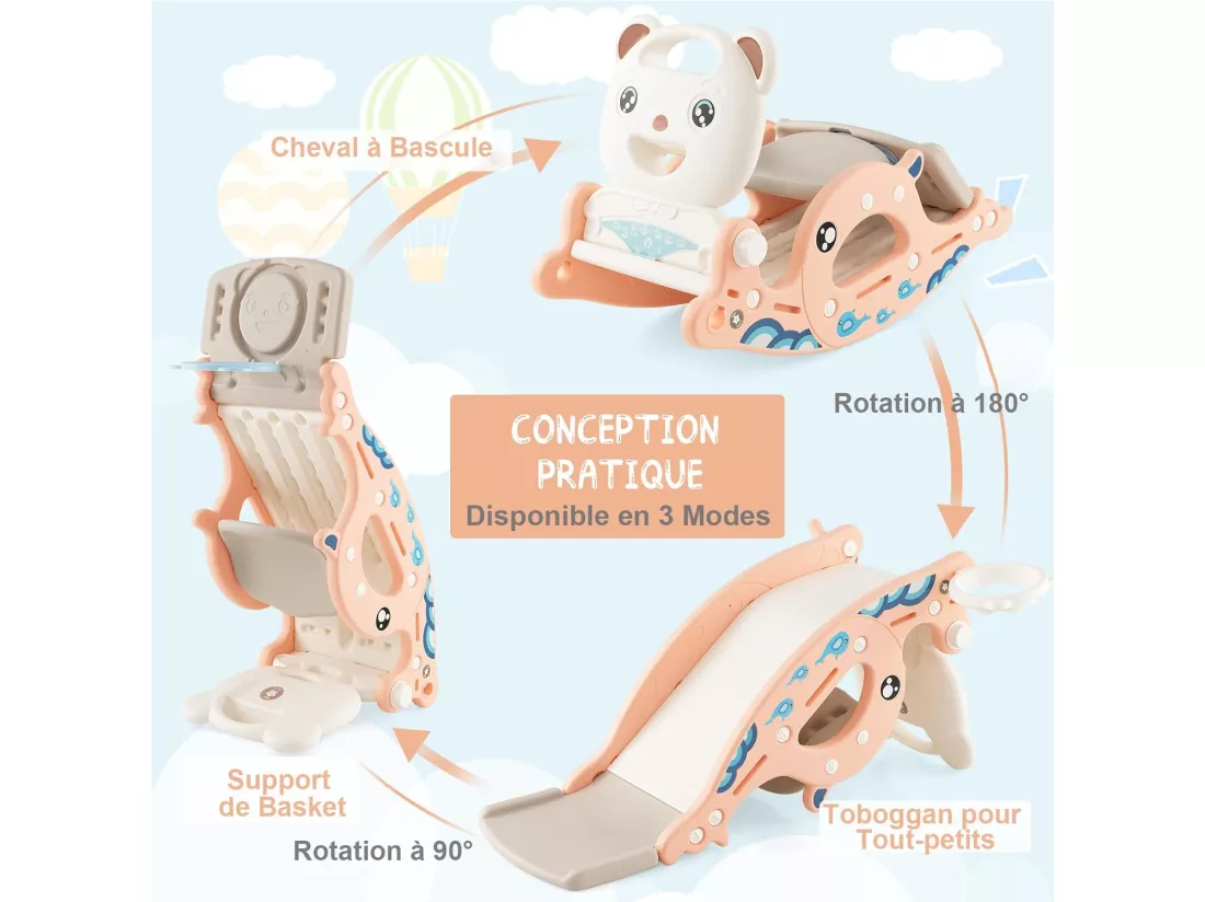 4 en 1 Toboggan Enfants avec 3 Modes & Motif d'ours, Cheval à Bascule Intérieur Extérieur avec Panier de Basketball & Ballon, Charge 50kg pour Enfants de 1-4 Ans, 93x65x46,5cm (Rose)