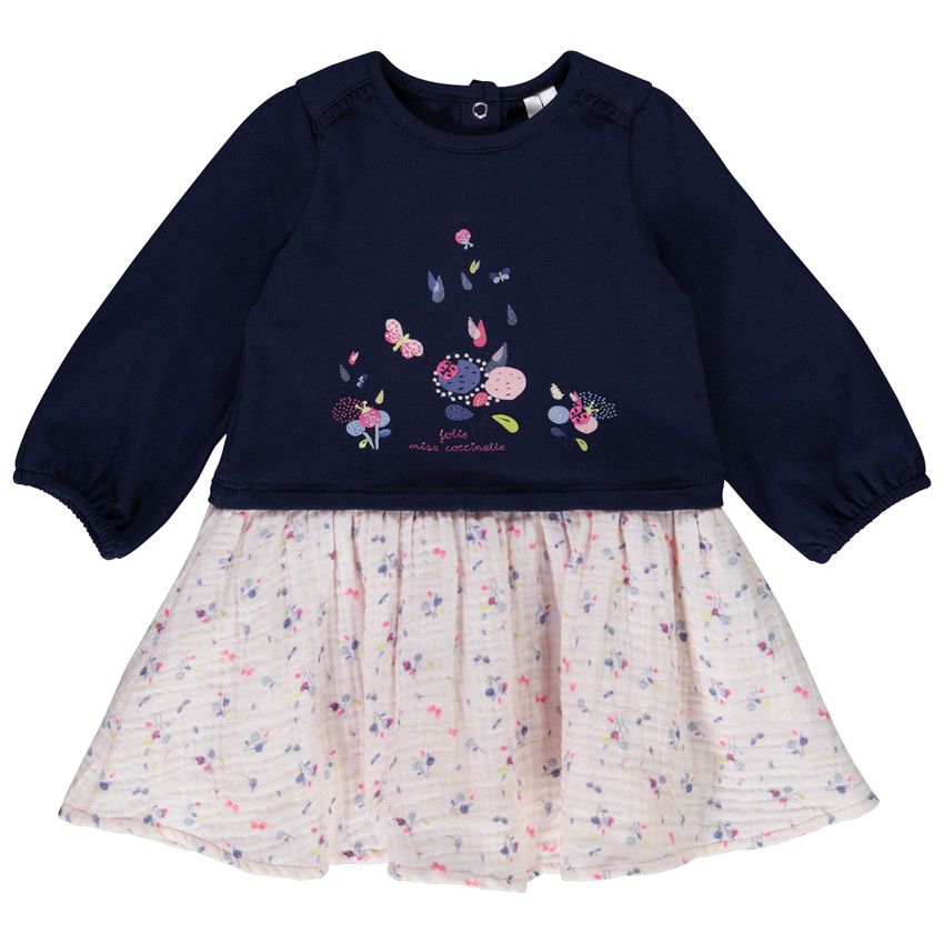 Robe 2 en 1 manches longues print coccinelle pour bébé fille - Bleu marine