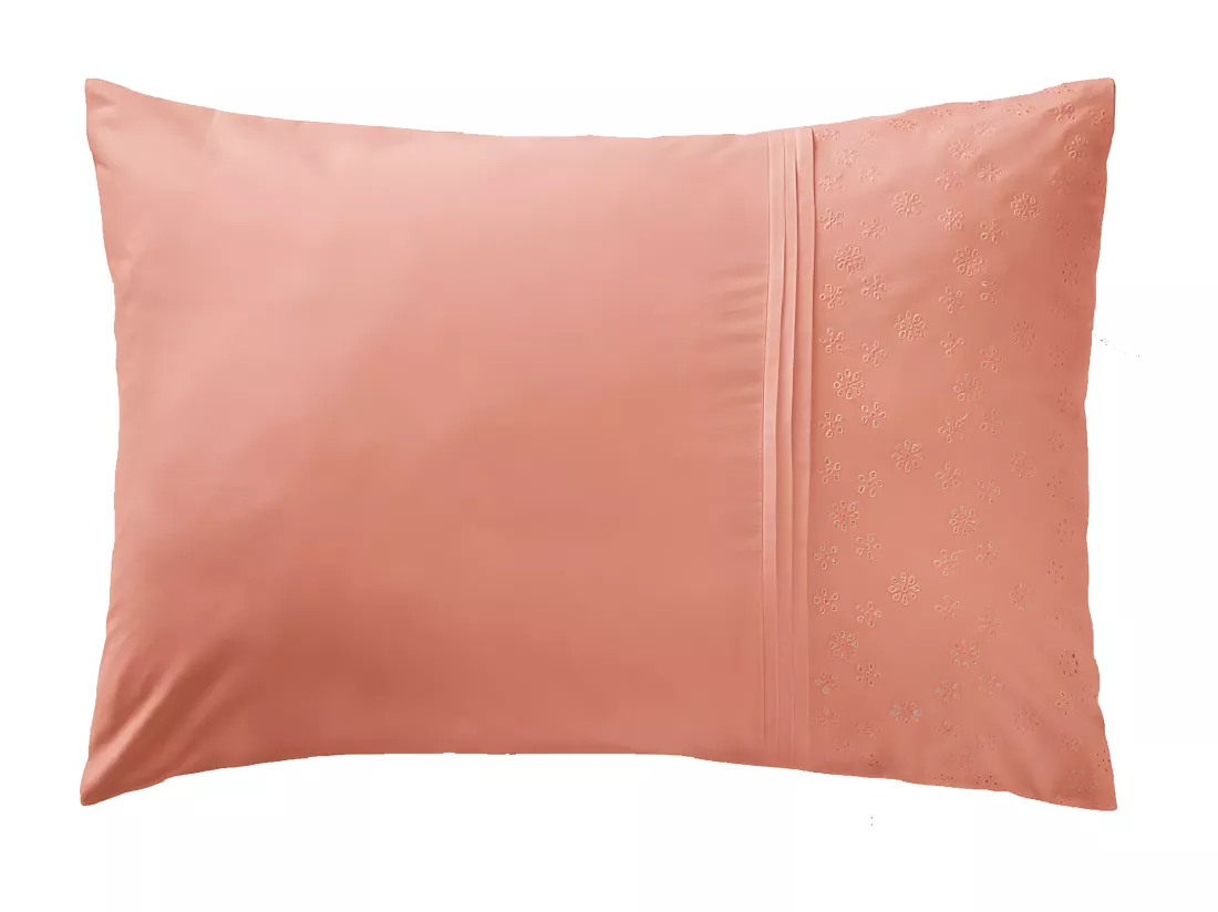 POLA - Taie d'Oreiller 50x70cm Coton Coloris Rose Boisé avec Détails Ajourés