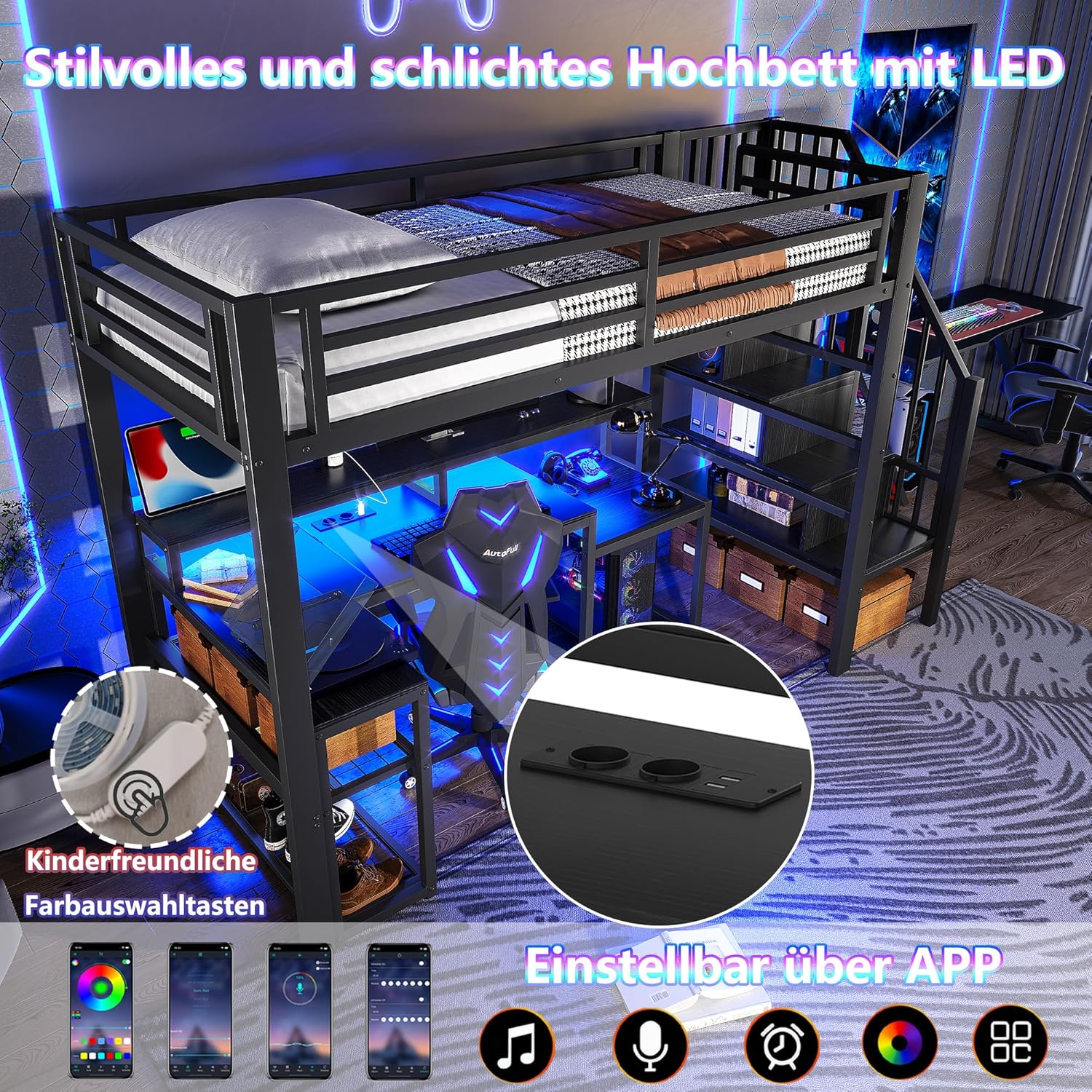 Kinderbett Hochbett 90x200 cm,Metallbett mit LED-Lichtleiste und USB-Anschluss,mit Treppe und Rausfallschutz,Treppenkonstruktionen mit Stauraum,Jugendbett,Spielbett,ohne Matratze (Schwarz, 90×200cm)