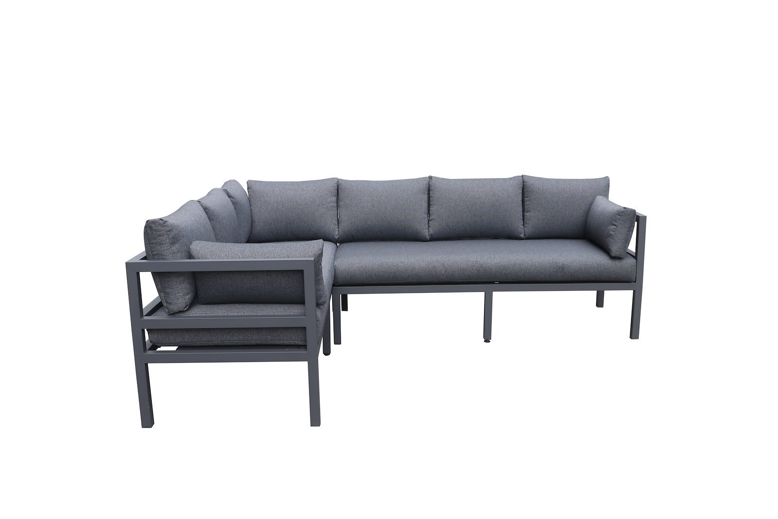 Sicilia utesofa Hagesofa med 2-seter venstre, hjørnemodul og 3-seter høyre. Grå lakkert aluminium med mørk grå puter. Bord selges separat.