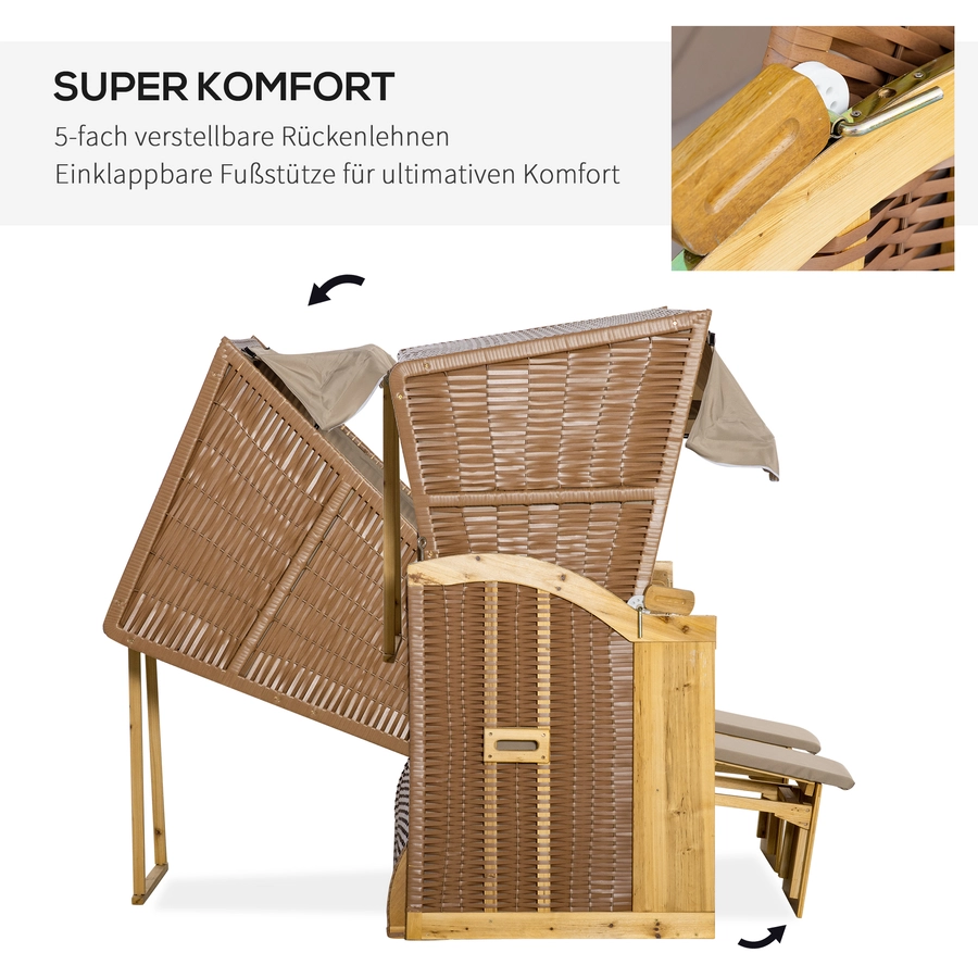 Outsunny Strandkorb mit Klapptischen, Fußstütze natur